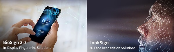 ▲ 슈프리마 인디스플레이 솔루션 BioSign 3.0(왼쪽), 스마트폰용 3D얼굴인식솔루션 LookSign(오른쪽)